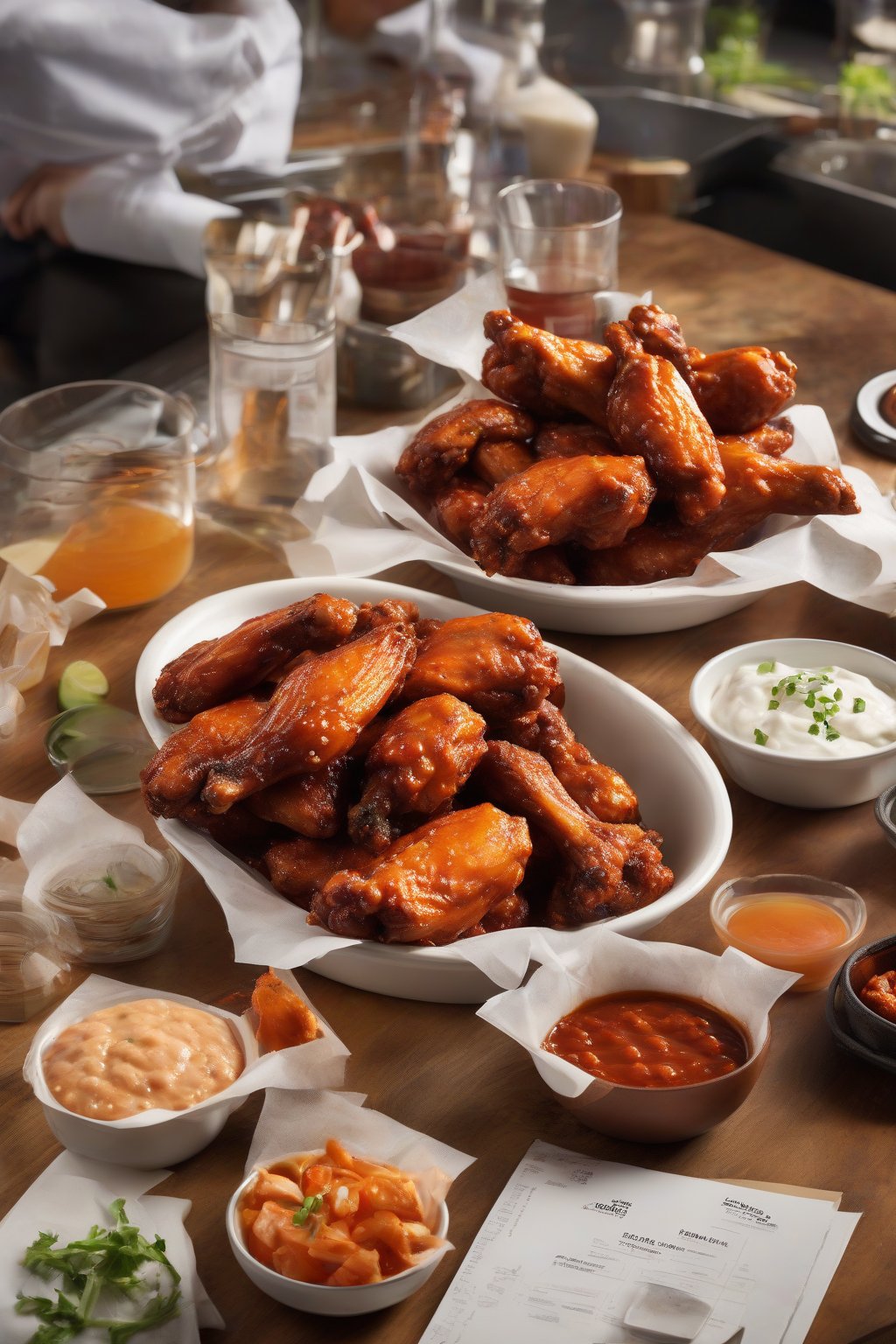 A high-resolution photo of The Food Lab open to a chicken wing recipe with glossy buffalo wings in the foreground, under soft lighting.