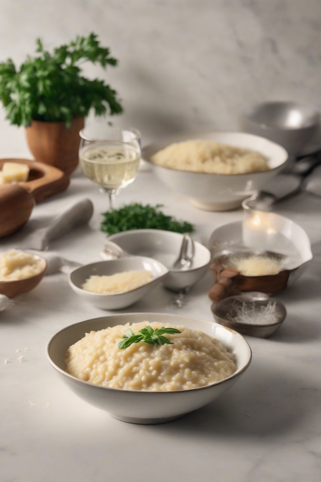 A high-resolution photo of the book next to a bowl of creamy risotto topped with Parmesan, under soft lighting.