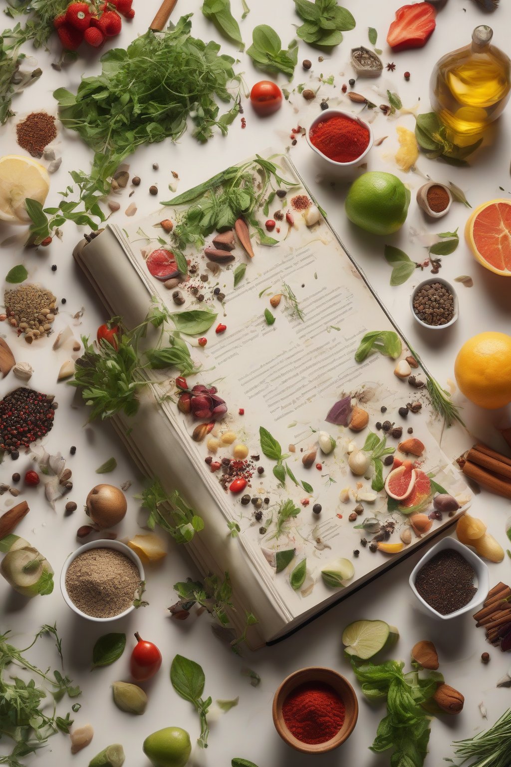 A high-resolution photo of The Flavor Bible open with fresh herbs, spices, and fruits arranged around it, under soft lighting.
