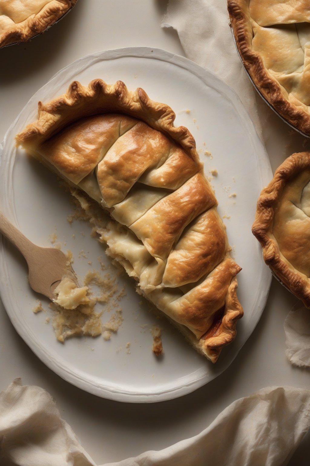A high-resolution photo of Ratio book with a flaky pie fresh from the oven, under soft lighting.