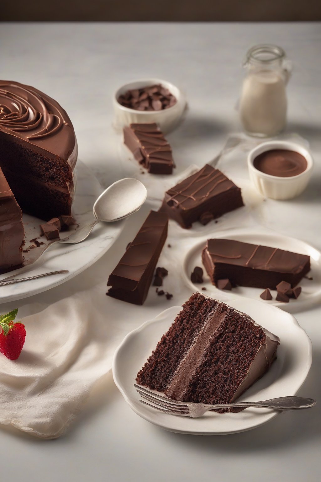 A high-resolution photo of Betty Crocker Cookbook beside a layered chocolate cake slice, under soft lighting.