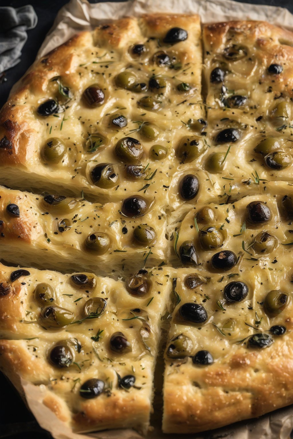 A high-resolution photo of garlic-flecked roasted olive focaccia steaming fresh from the oven under soft lighting.