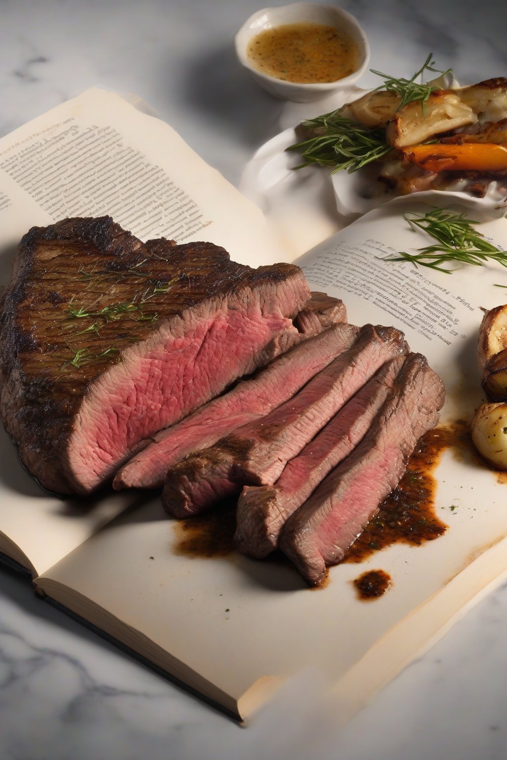 A high-resolution photo of the book open to a searing technique with perfectly crusted steak, under soft lighting.