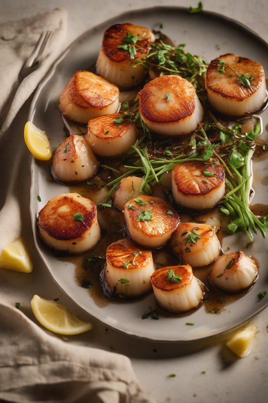 A high-resolution photo of On Food and Cooking with browned seared scallops on a plate, under soft lighting.