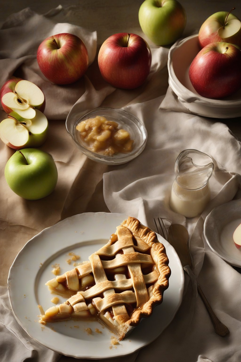 A high-resolution photo of The Good Housekeeping Cookbook with a classic apple pie à la mode, under soft lighting.