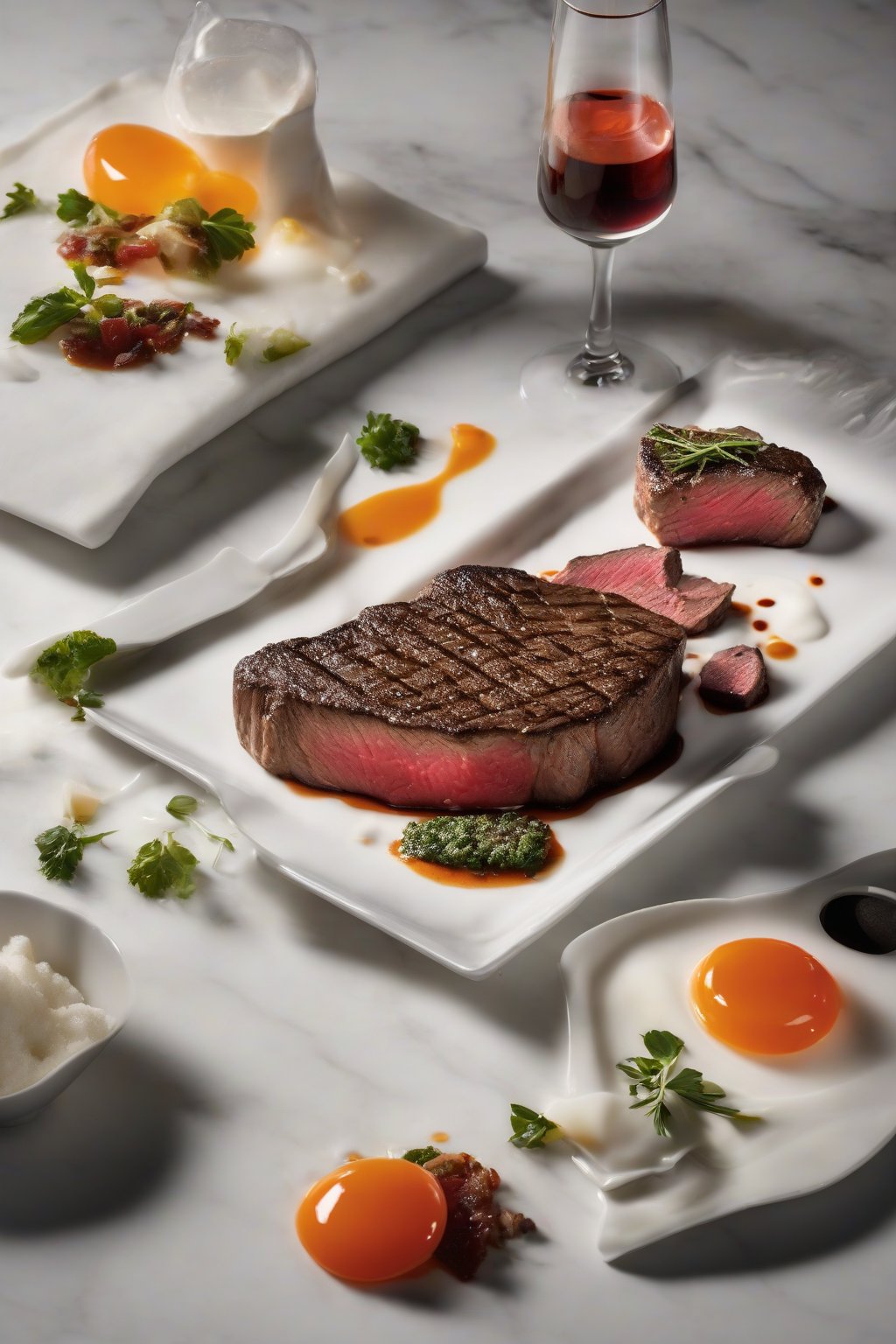 A high-resolution photo of Modernist Cuisine at Home with a sous-vide steak and modernist foam, under soft lighting.
