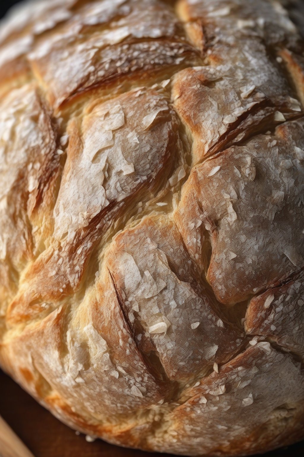 A close-up photo of a rustic no-knead artisan boule with crackly crust under soft lighting.