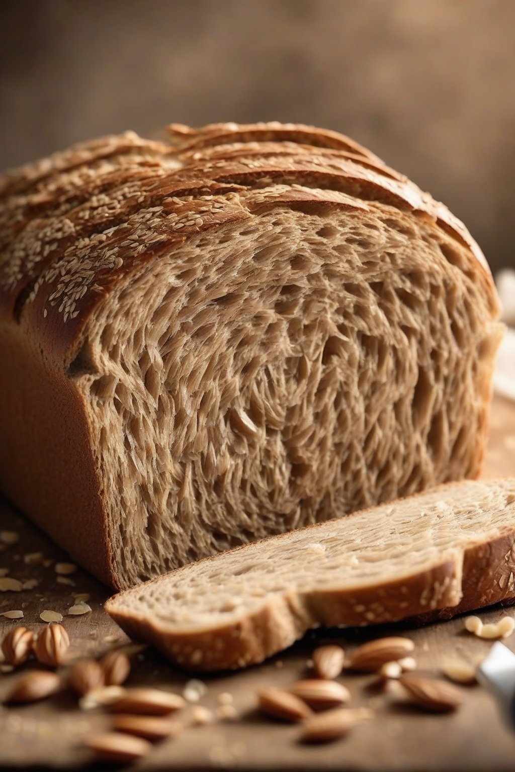 A close-up photo of sliced whole wheat bread showing dense, nutty texture under soft lighting.