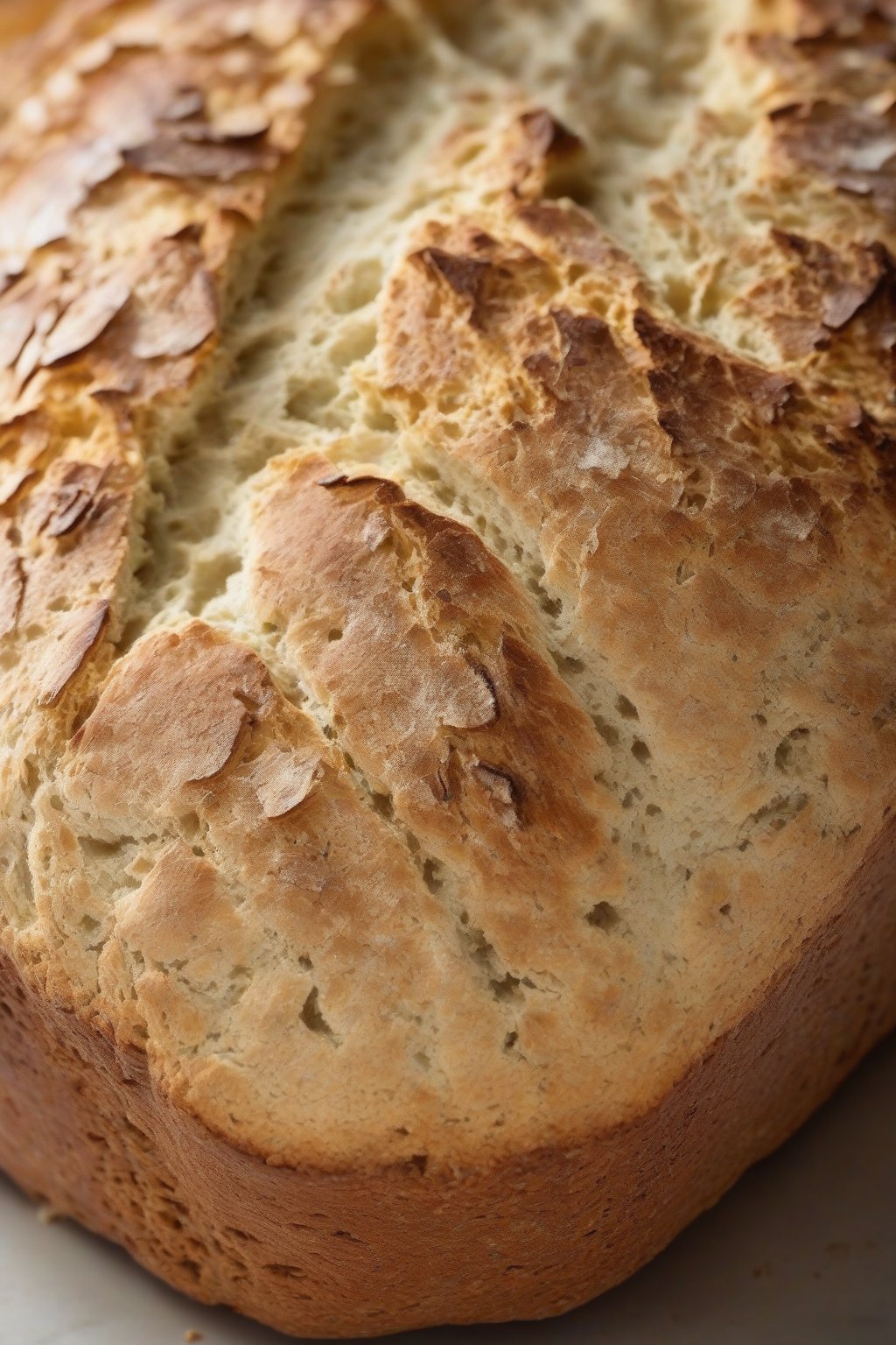 A close-up photo of a cracked-top Irish soda bread loaf with golden exterior under soft lighting.