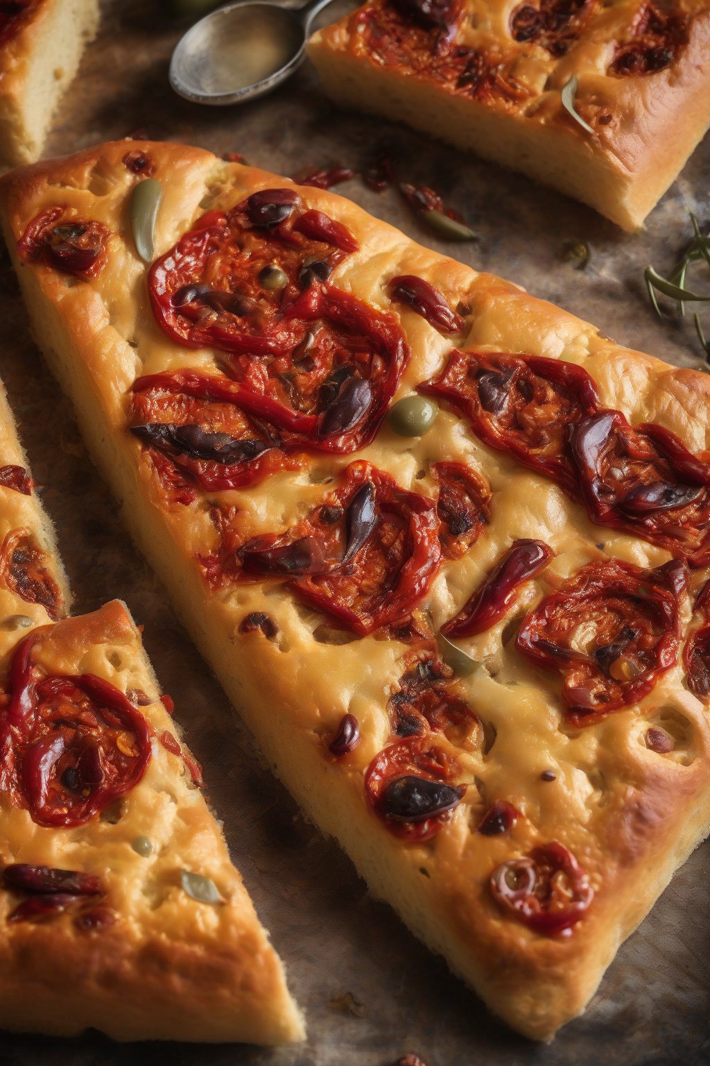 A high-resolution photo of fiery red chili olive focaccia with glossy dimples under soft lighting.