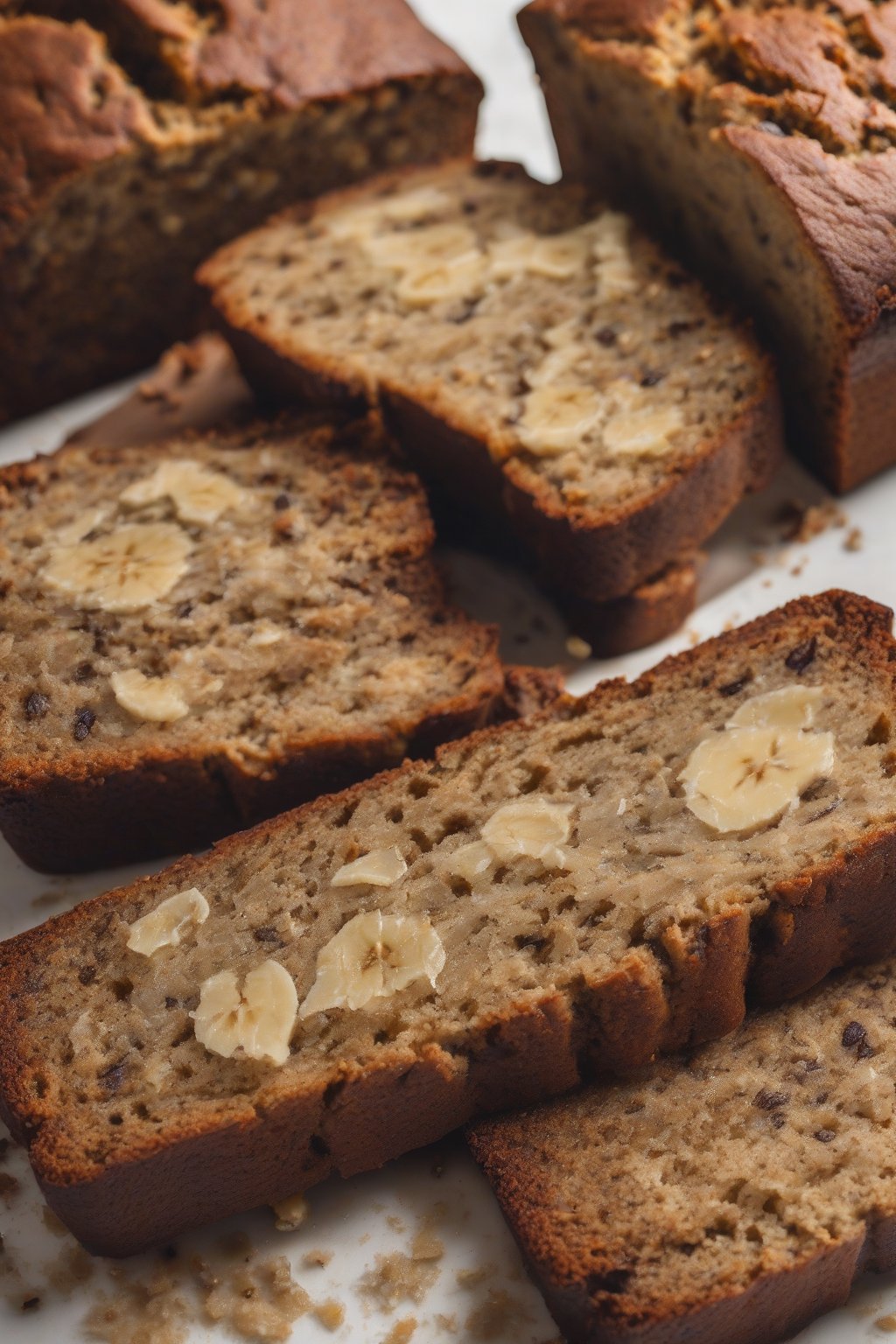 A close-up photo of banana bread slices with visible banana flecks under soft lighting.