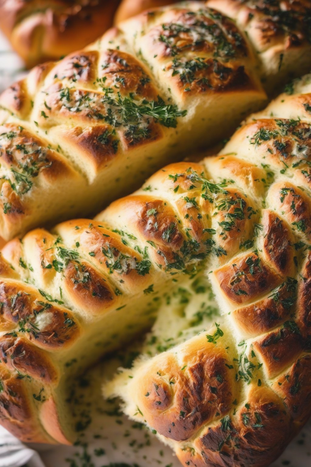 A close-up photo of pull-apart garlic herb bread with shiny buttery top under soft lighting.