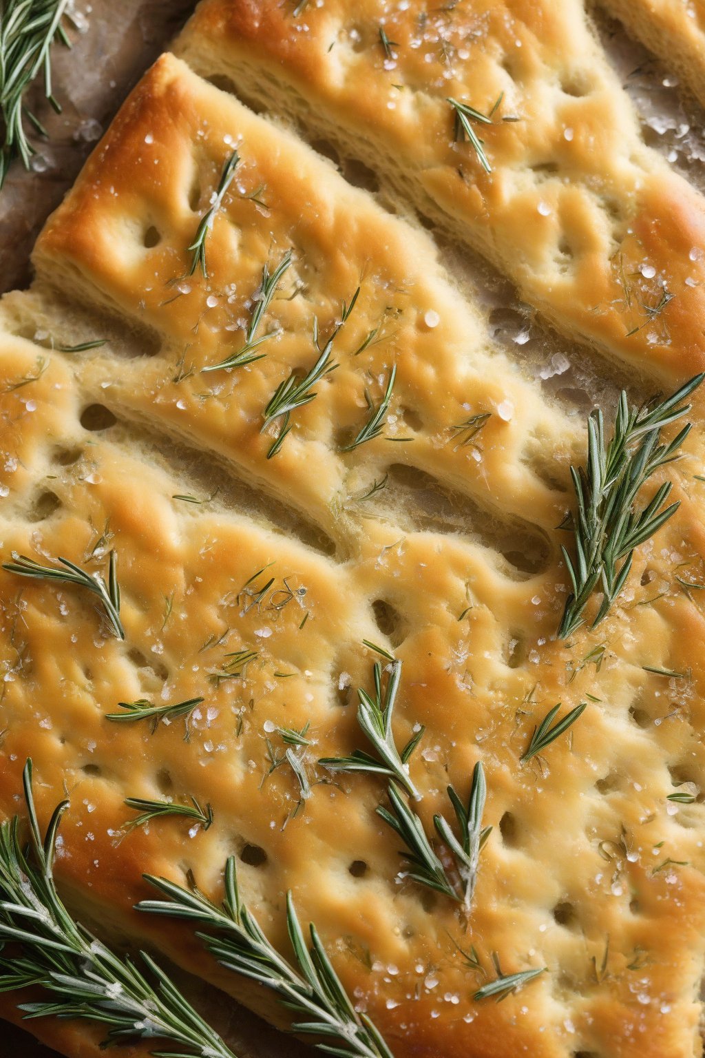 A close-up photo of dimpled rosemary focaccia with sea salt crystals under soft lighting.