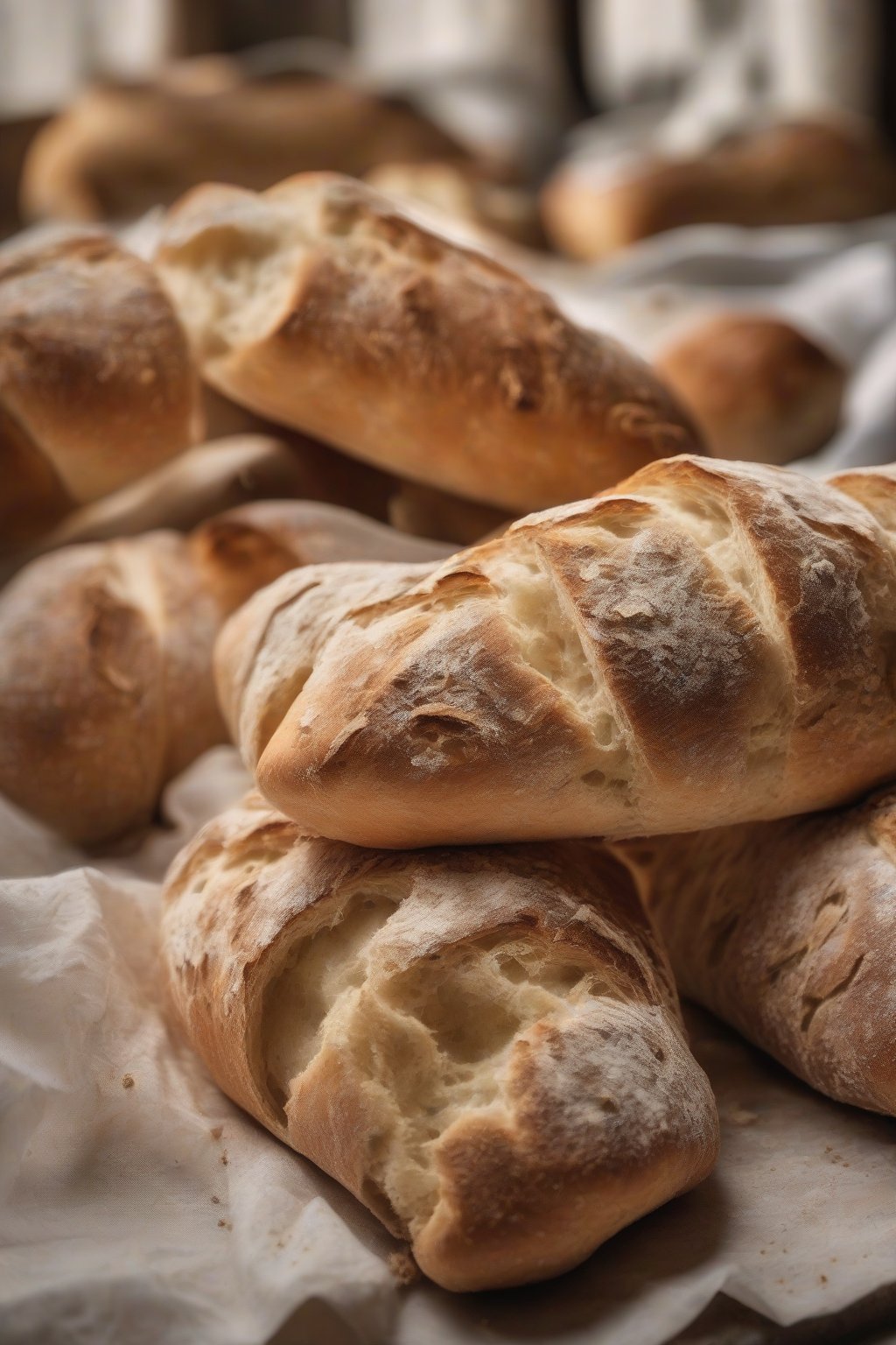 A close-up photo of crusty ciabatta rolls with open crumb under soft lighting.