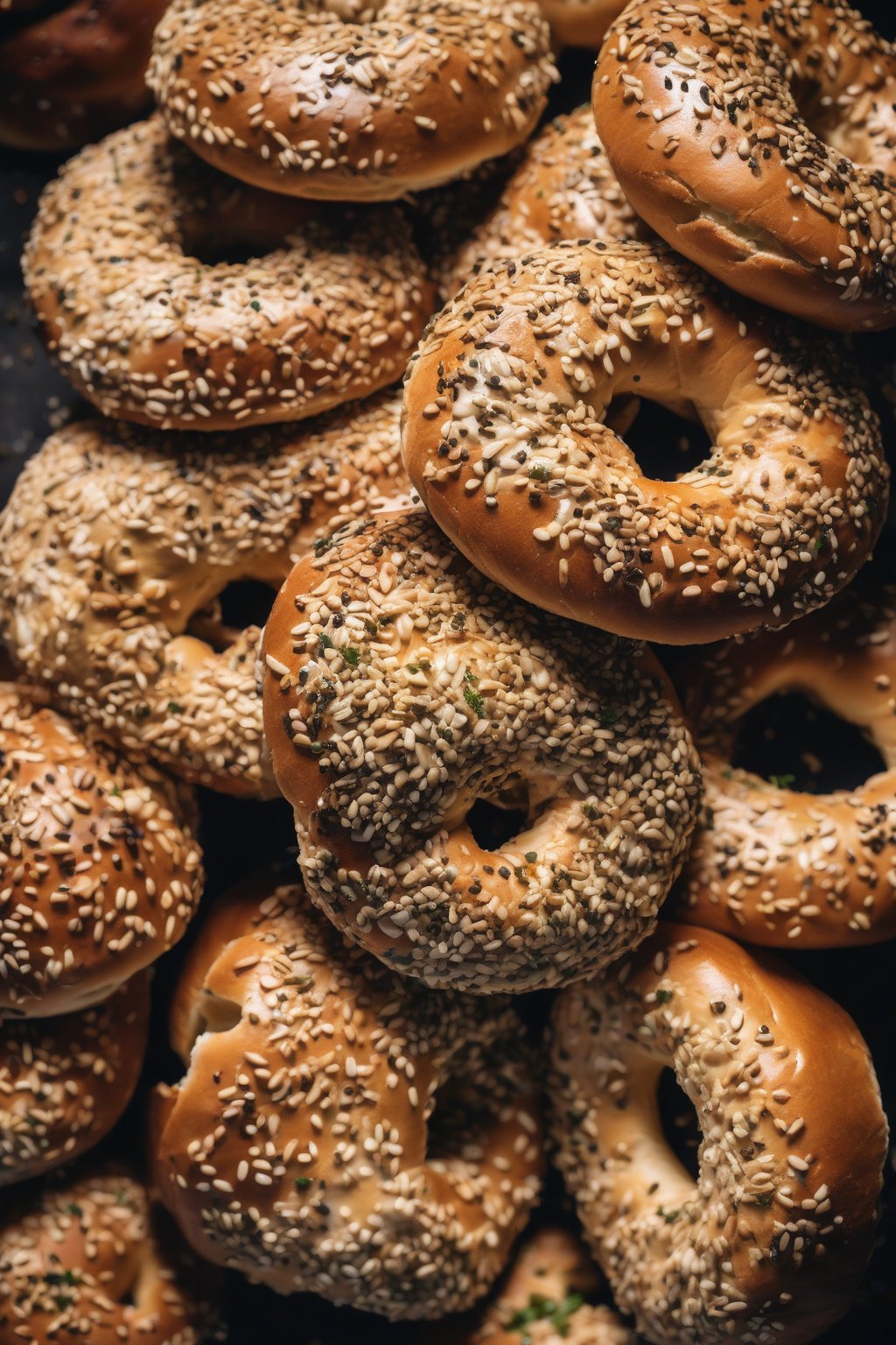 A close-up photo of shiny seeded bagels stacked under soft lighting.