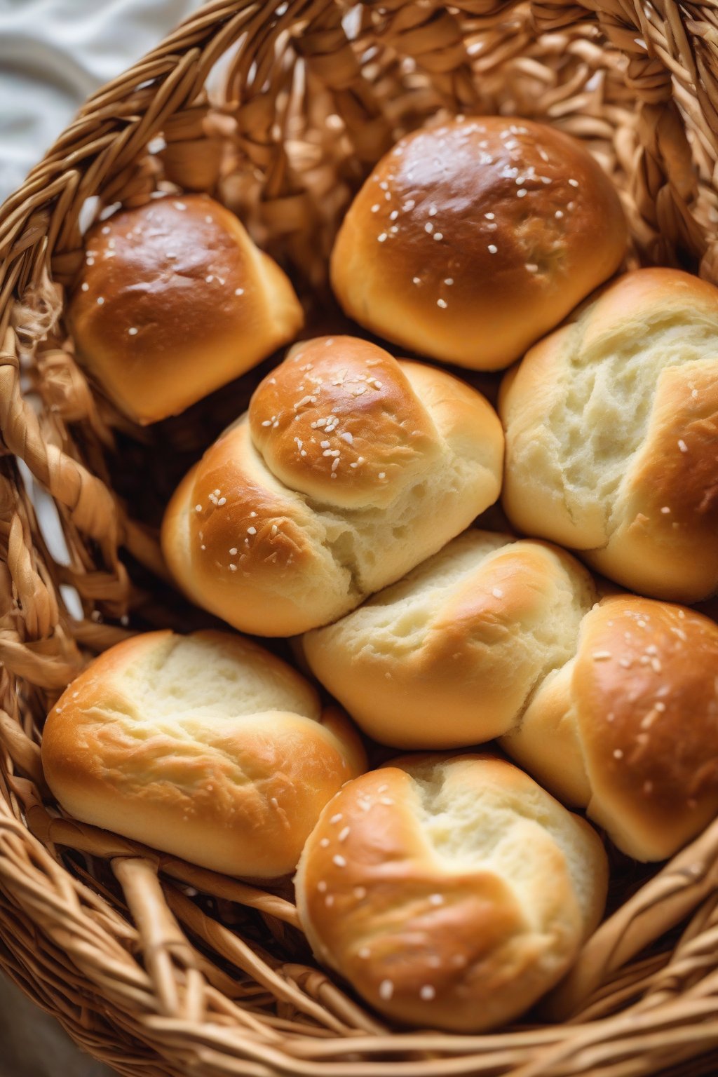 A close-up photo of golden soft dinner rolls in a basket under soft lighting.