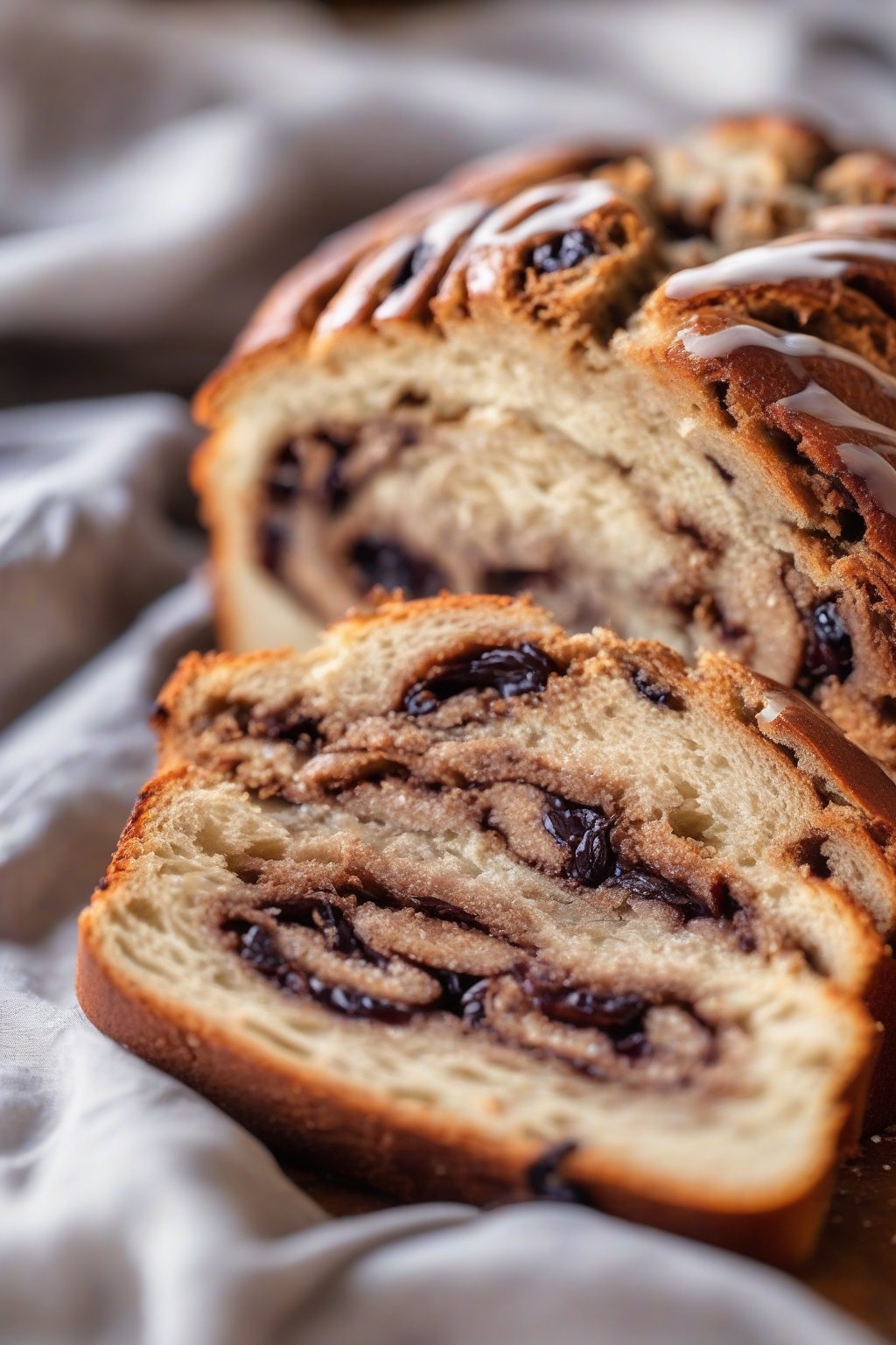 A close-up photo of sliced cinnamon raisin swirl bread oozing filling under soft lighting.