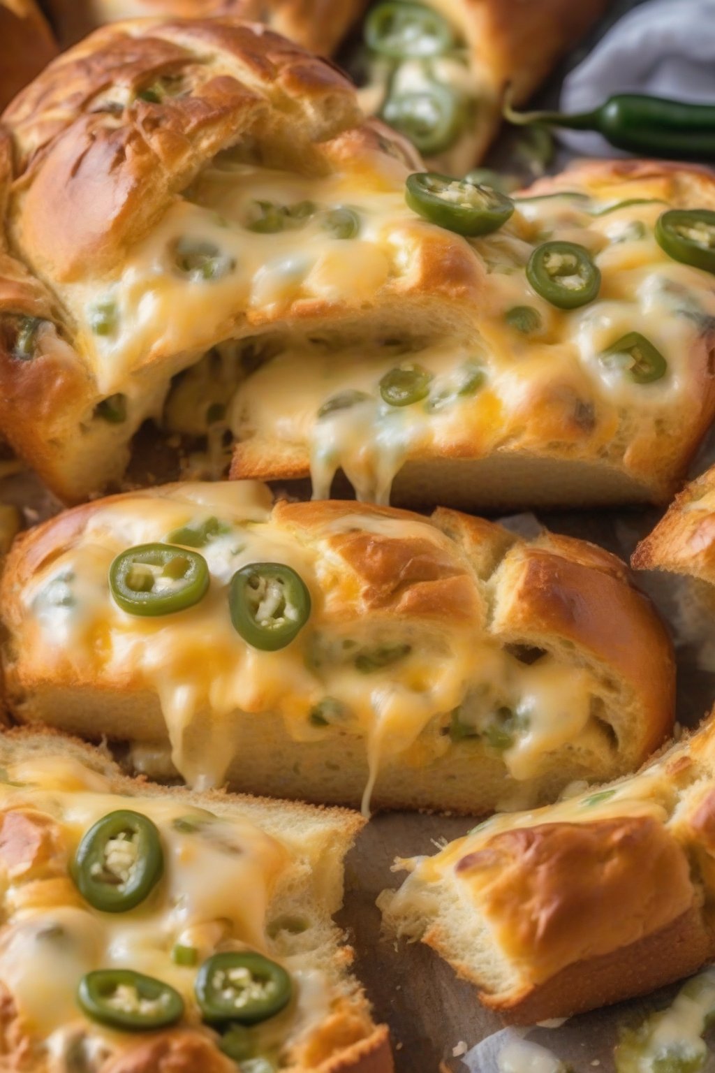 A close-up photo of cheesy jalapeño bread with melted pockets under soft lighting.