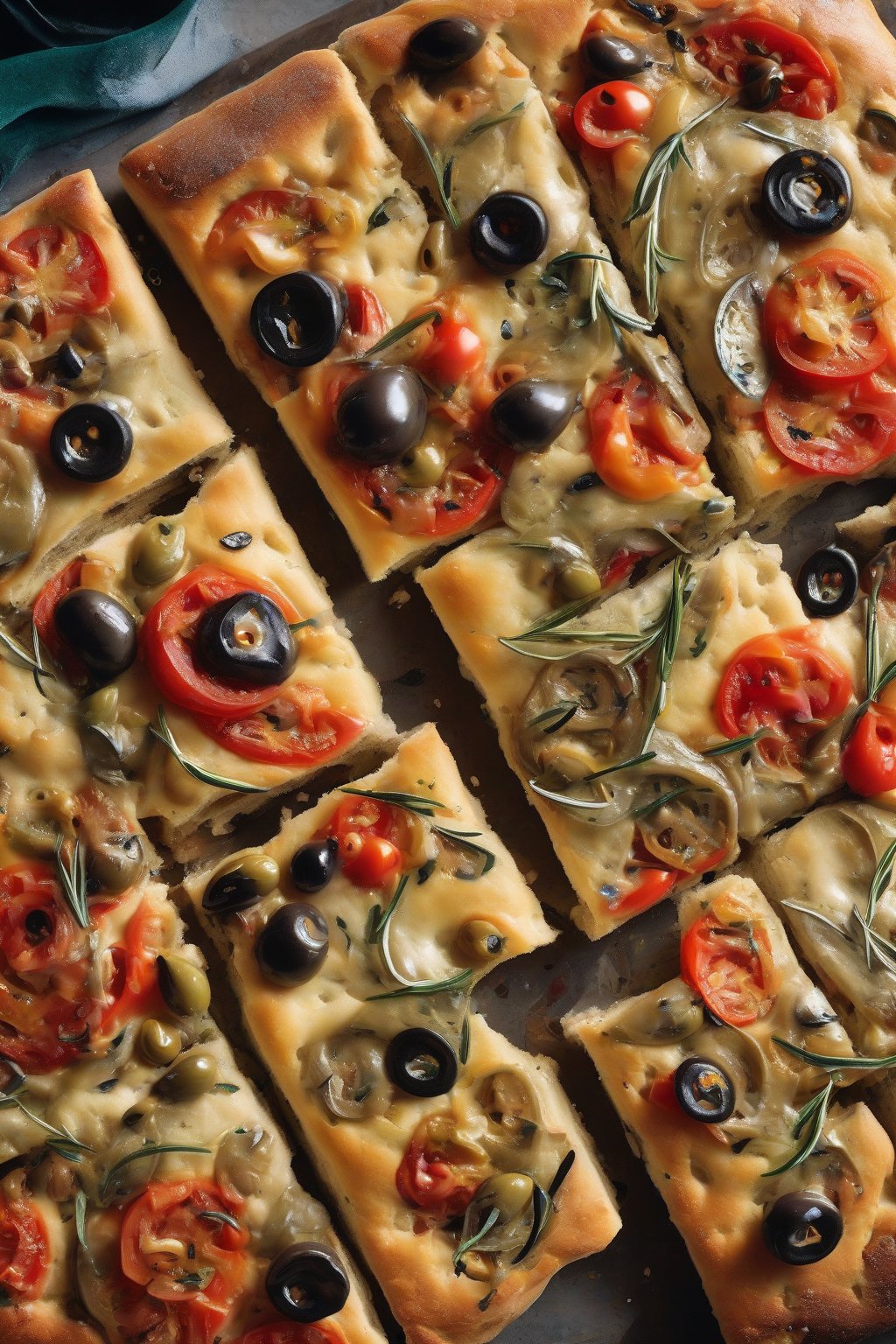 A close-up photo of olive tomato focaccia with colorful toppings under soft lighting.