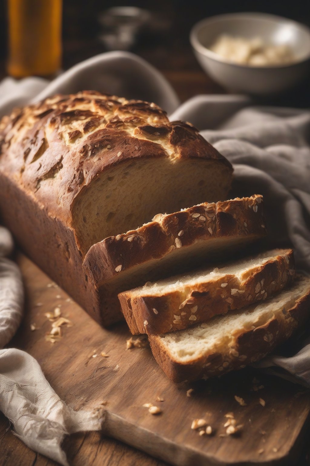 A close-up photo of rustic beer bread loaf with crunchy top under soft lighting.