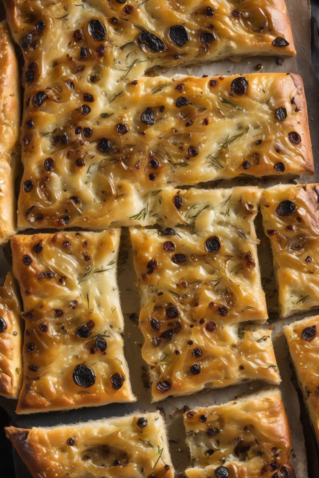 A high-resolution photo of onion-studded olive focaccia with golden caramelized edges under soft lighting.