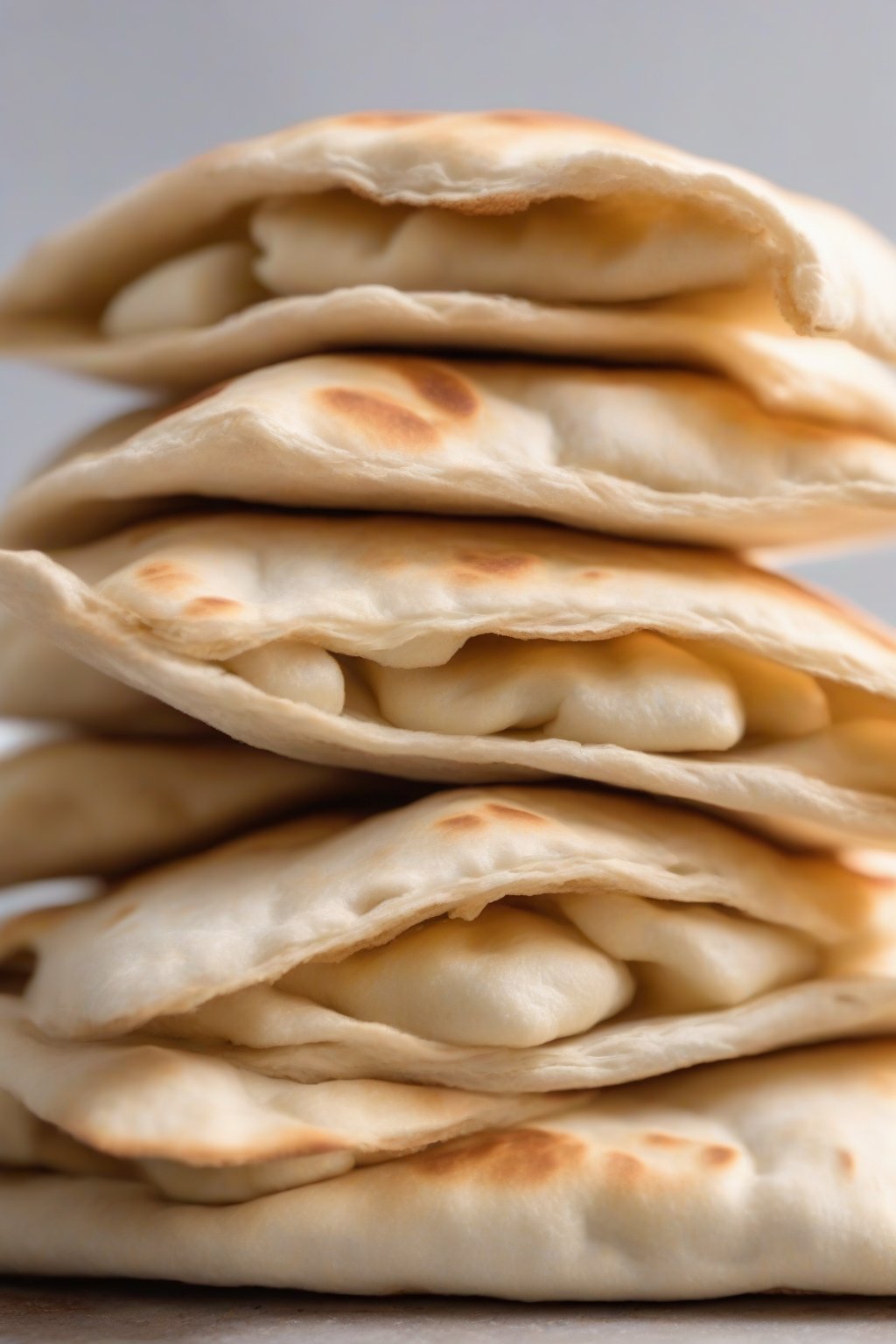 A close-up photo of puffed pita bread pockets stacked under soft lighting.