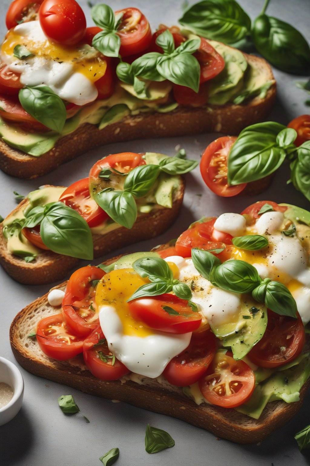 A high-resolution photo of golden avocado toast topped with vibrant tomatoes, mozzarella, and basil under soft lighting.