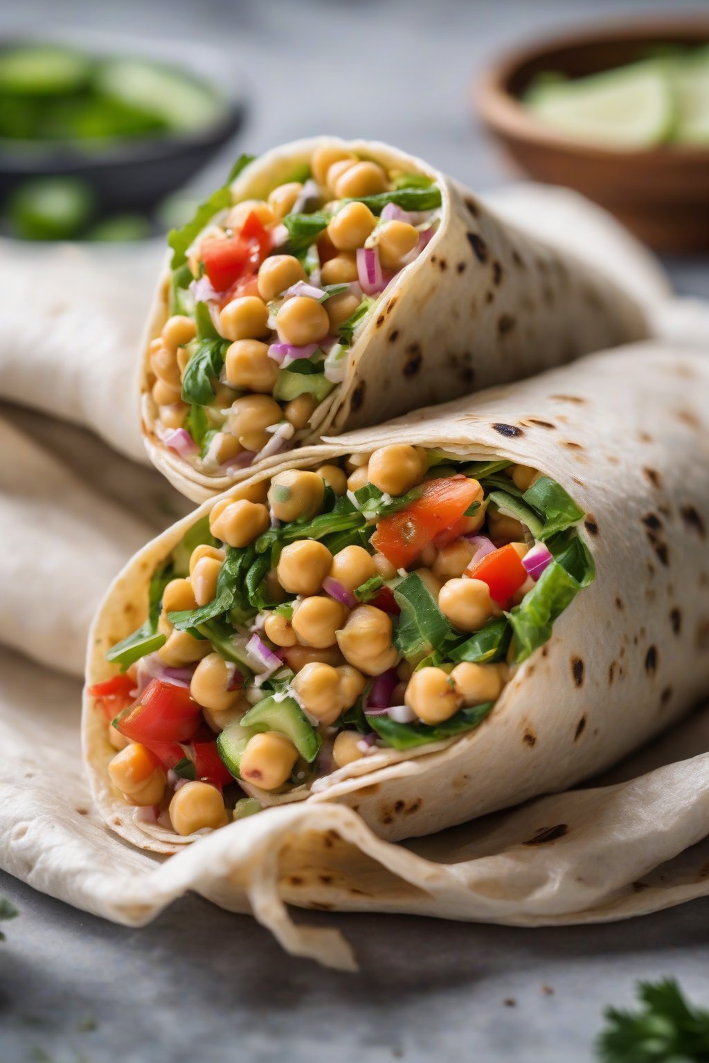A high-resolution photo of fresh chickpea salad stuffed in a tortilla wrap under soft lighting.