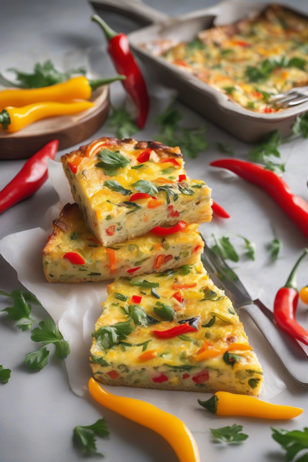 A high-resolution photo of a golden veggie frittata slice with colorful peppers under soft lighting.