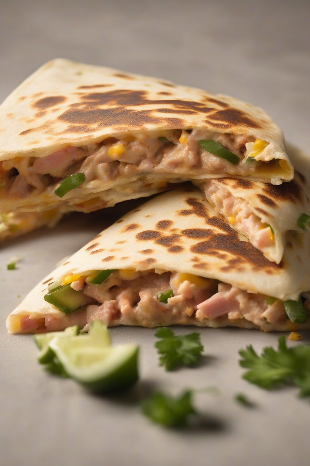 A high-resolution photo of a cheesy tuna quesadilla cut in half under soft lighting.