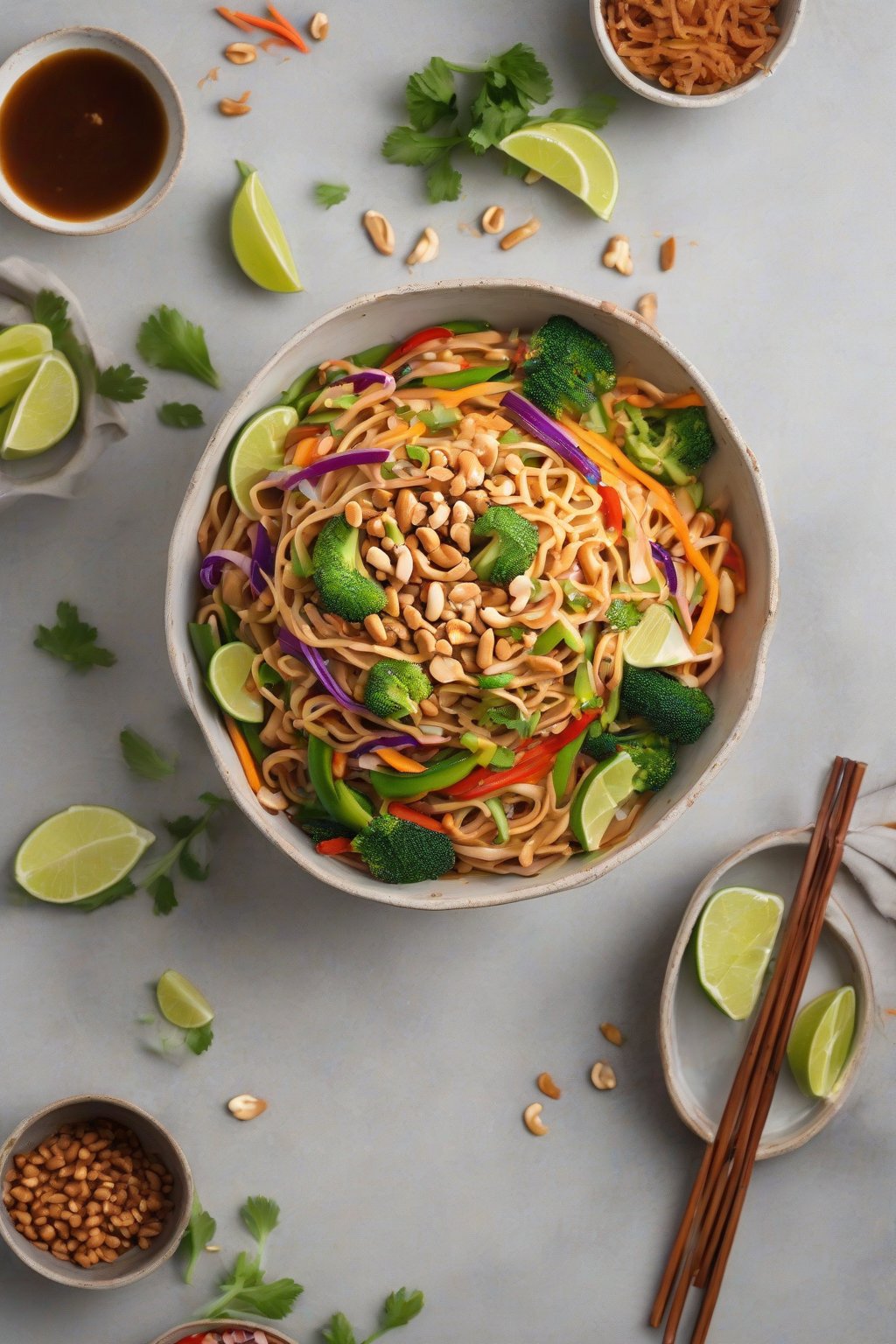 A high-resolution photo of vibrant Thai peanut noodles topped with veggies under soft lighting.