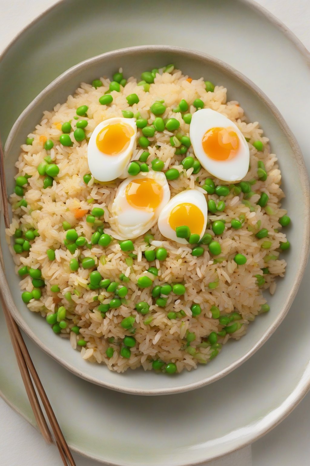 A high-resolution photo of steaming egg fried rice with peas and scallions under soft lighting.