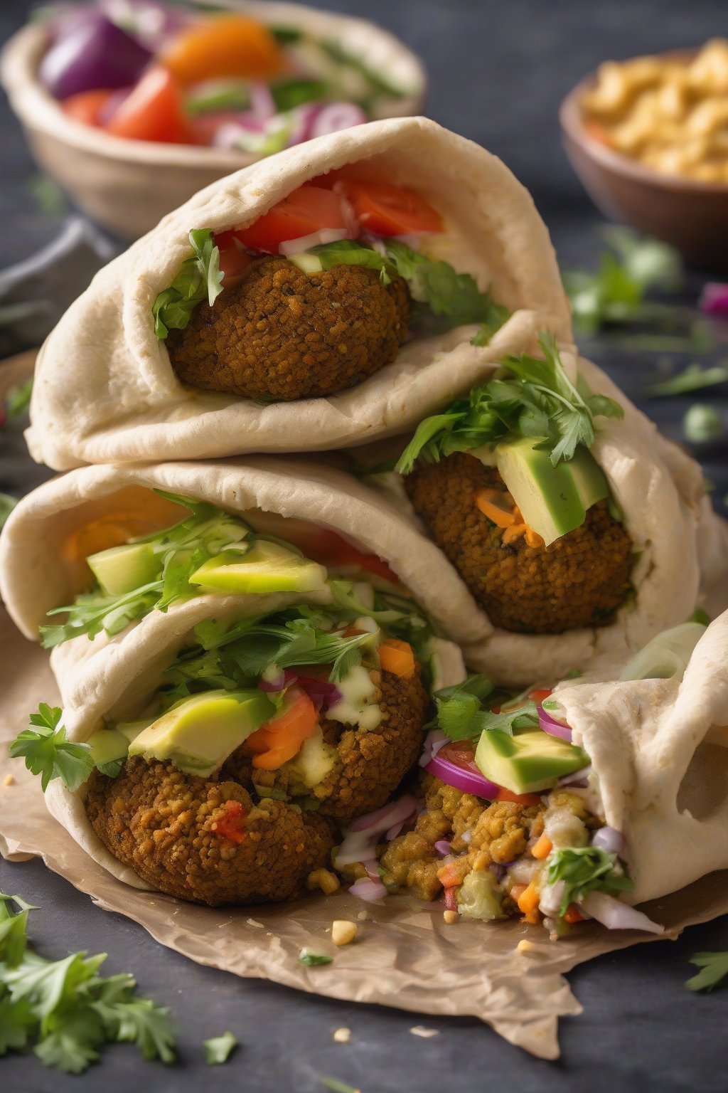 A high-resolution photo of stuffed falafel pita overflowing with veggies under soft lighting.