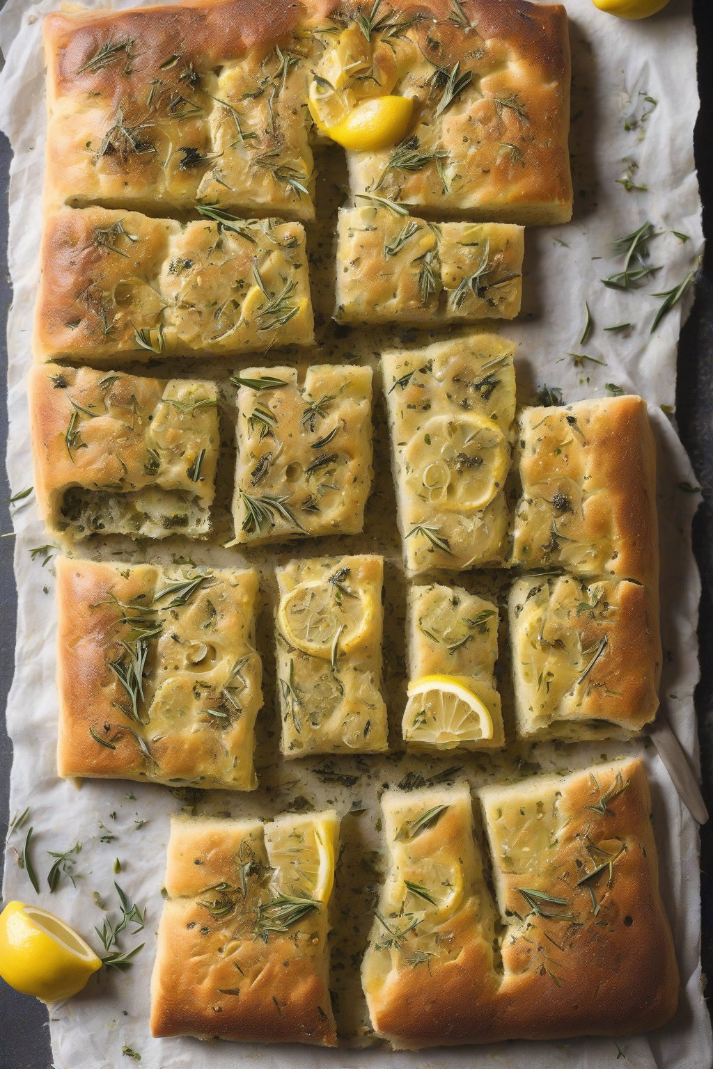 A high-resolution photo of lemon-zested herbed olive focaccia with fresh green flecks under soft lighting.