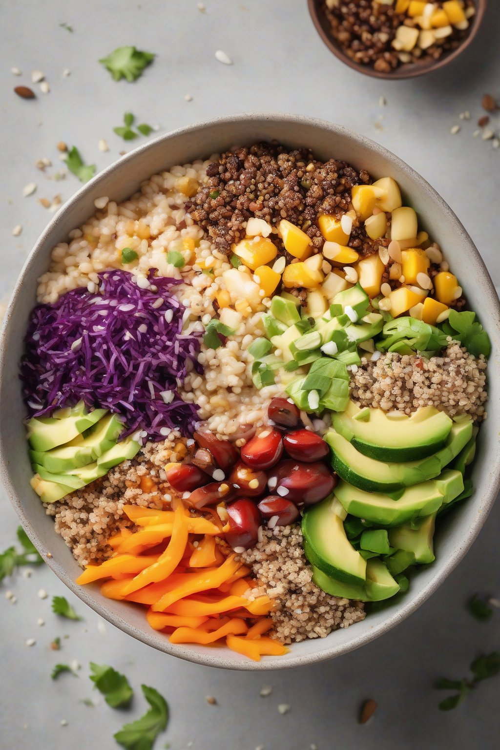 A high-resolution photo of a colorful Buddha bowl with quinoa and toppings under soft lighting.