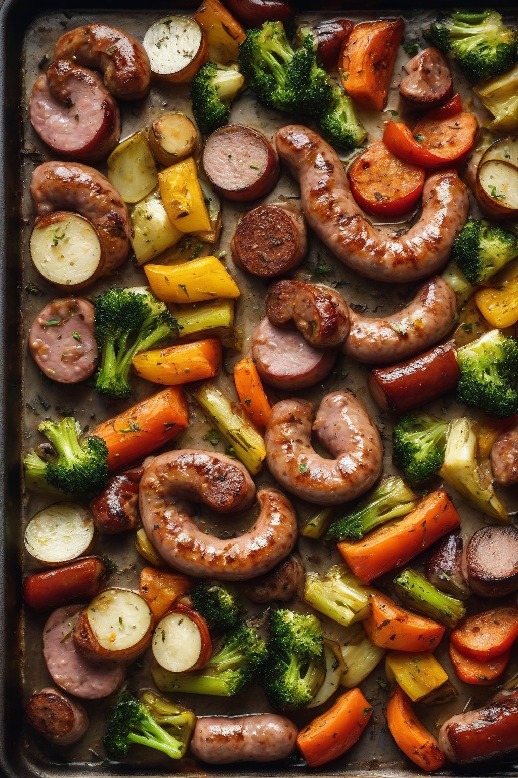 A high-resolution photo of roasted sausage and mixed veggies on a sheet pan under soft lighting.
