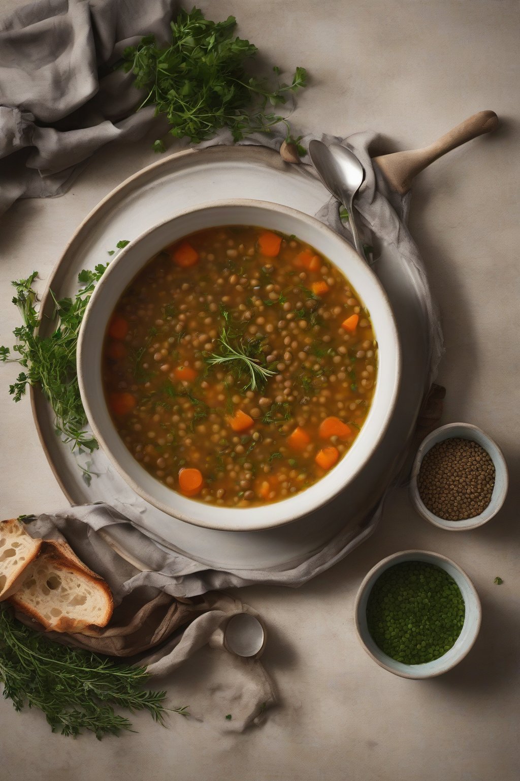 A high-resolution photo of steaming lentil soup with herbs under soft lighting.