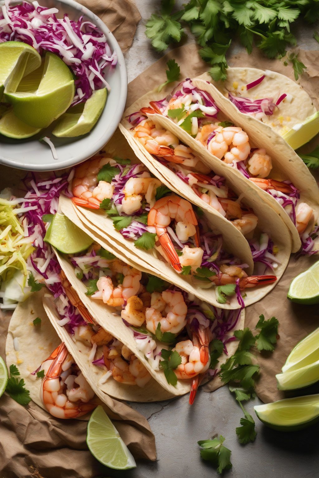 A high-resolution photo of fresh shrimp tacos with slaw under soft lighting.