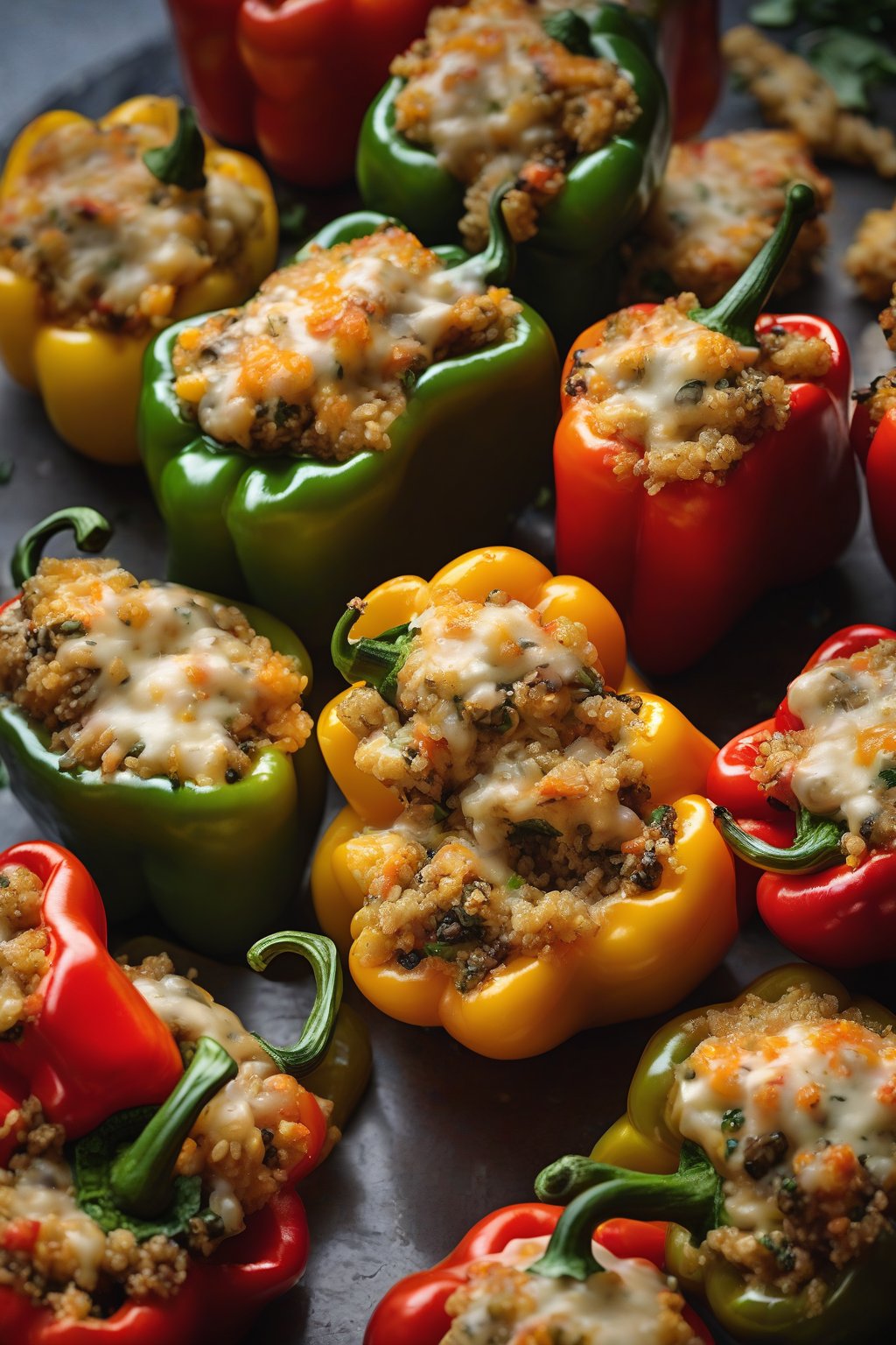 A high-resolution photo of cheesy quinoa-stuffed peppers under soft lighting.