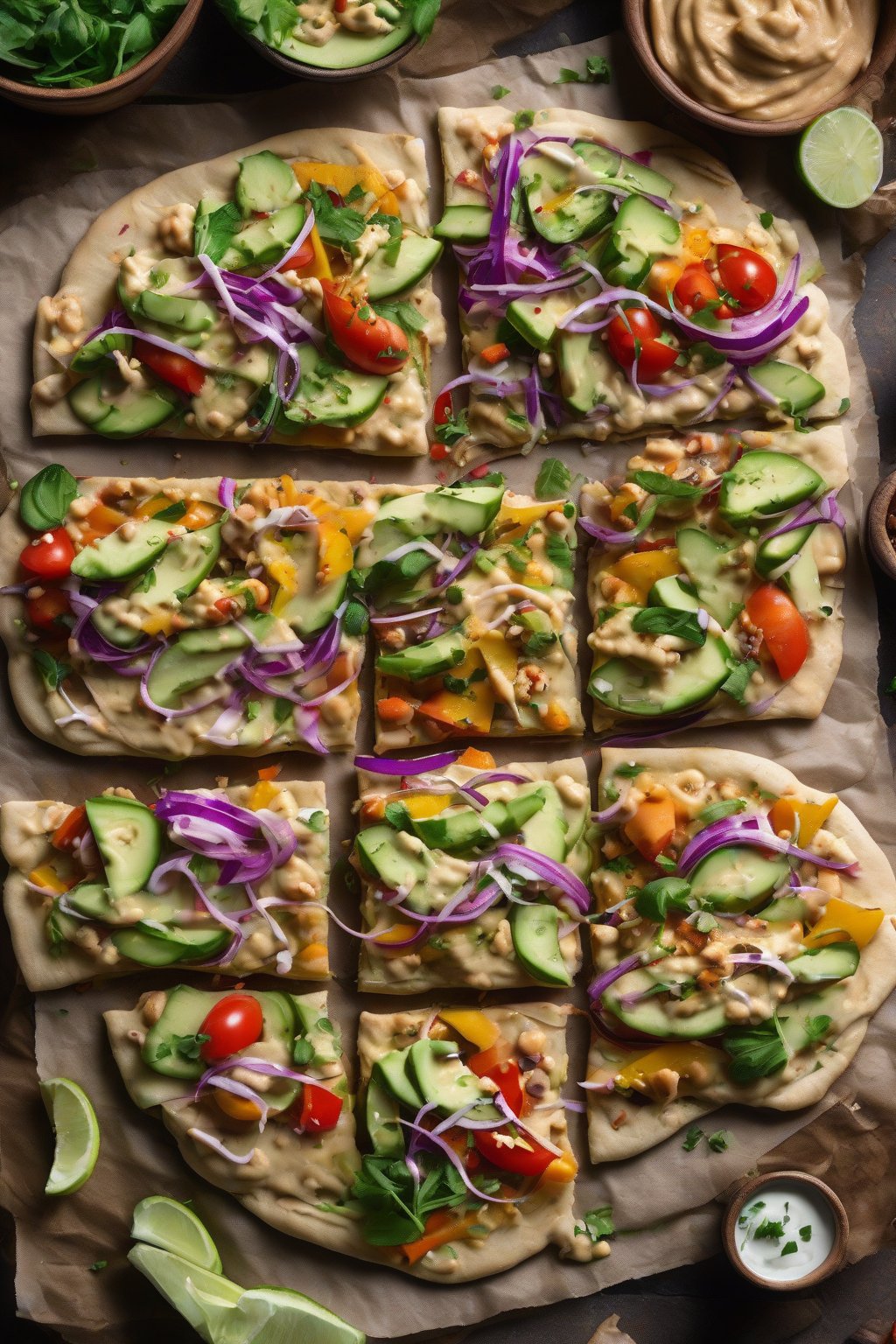 A high-resolution photo of loaded hummus flatbread with veggies under soft lighting.