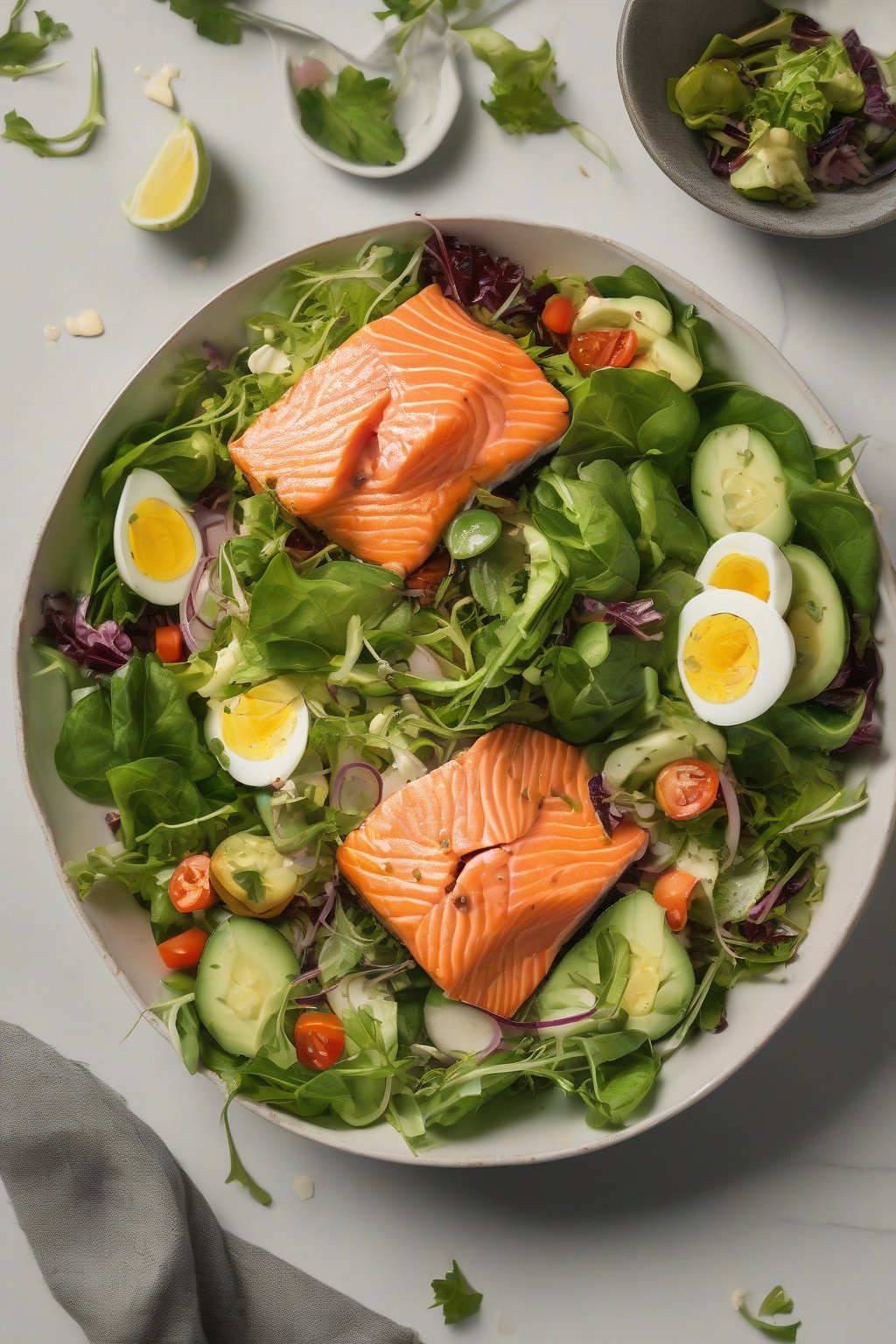 A high-resolution photo of a salmon salad bowl with greens under soft lighting.