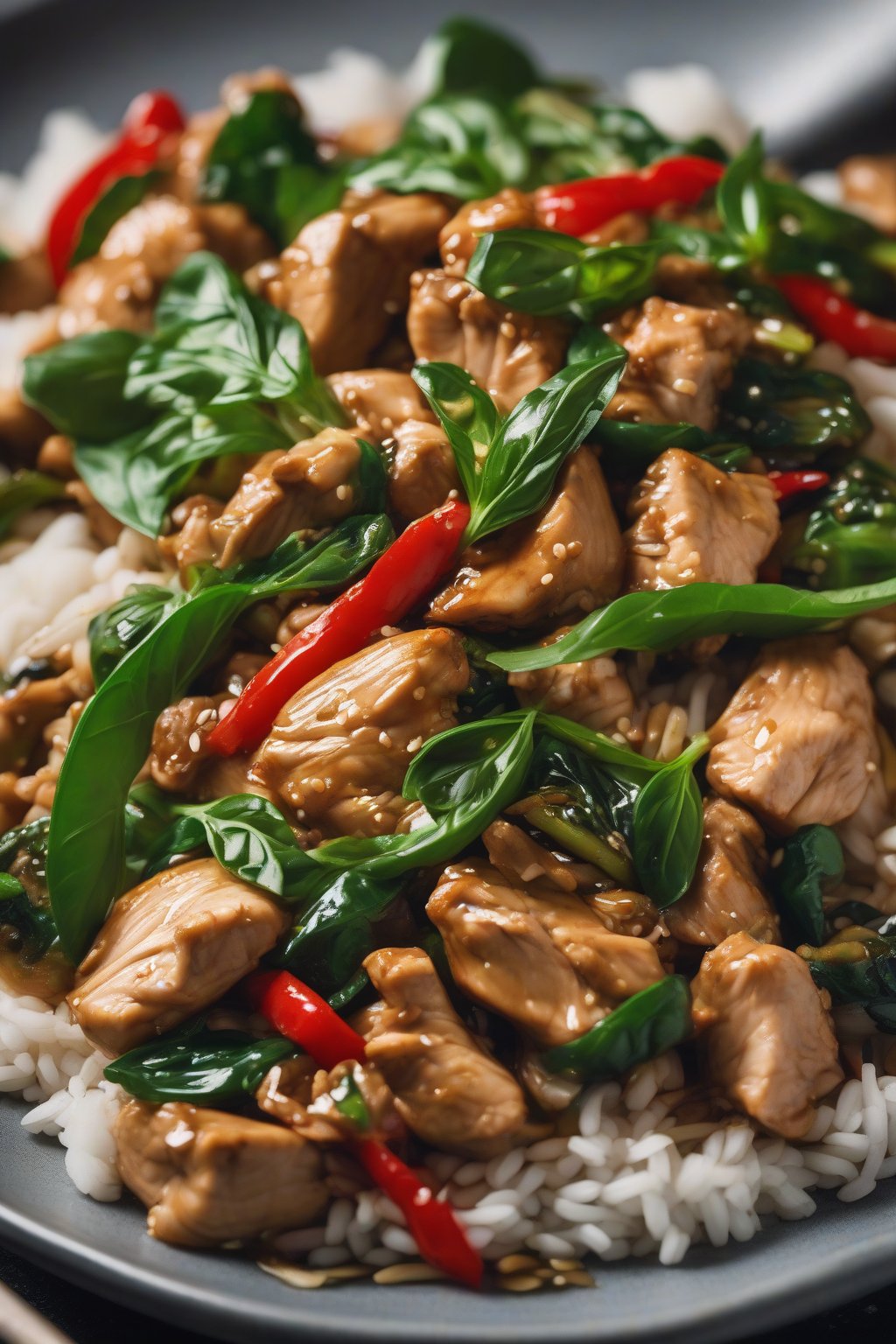 A high-resolution photo of fragrant basil chicken stir-fry under soft lighting.