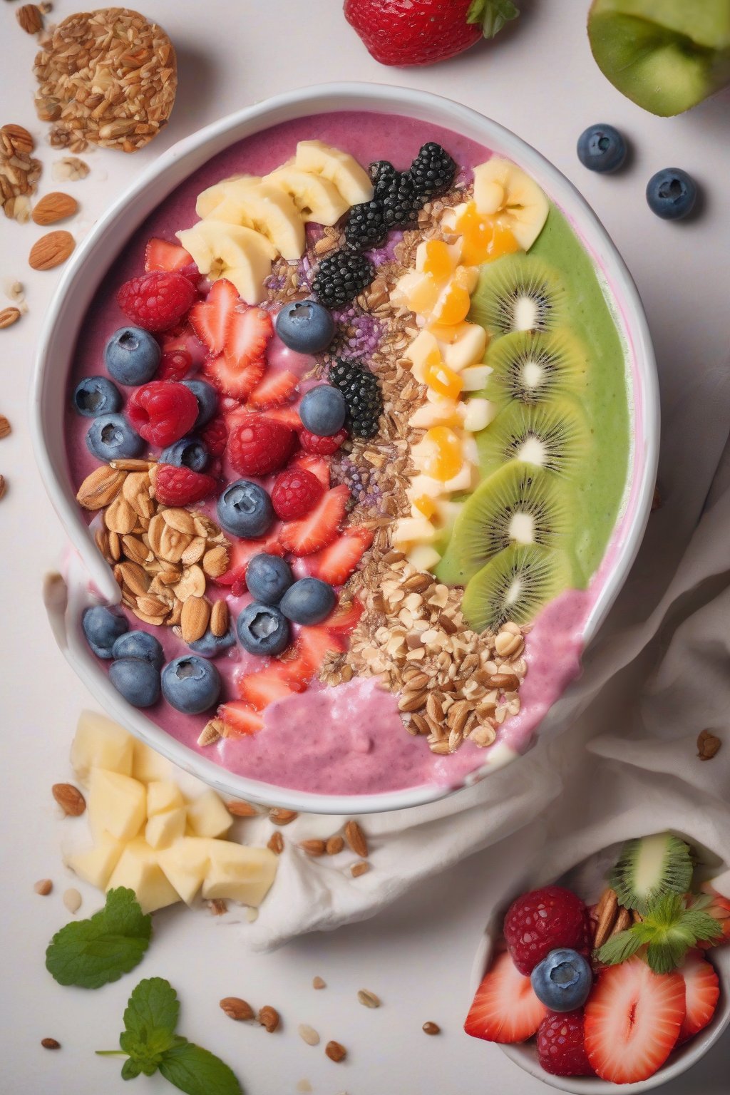 A high-resolution photo of a thick smoothie bowl with toppings under soft lighting.