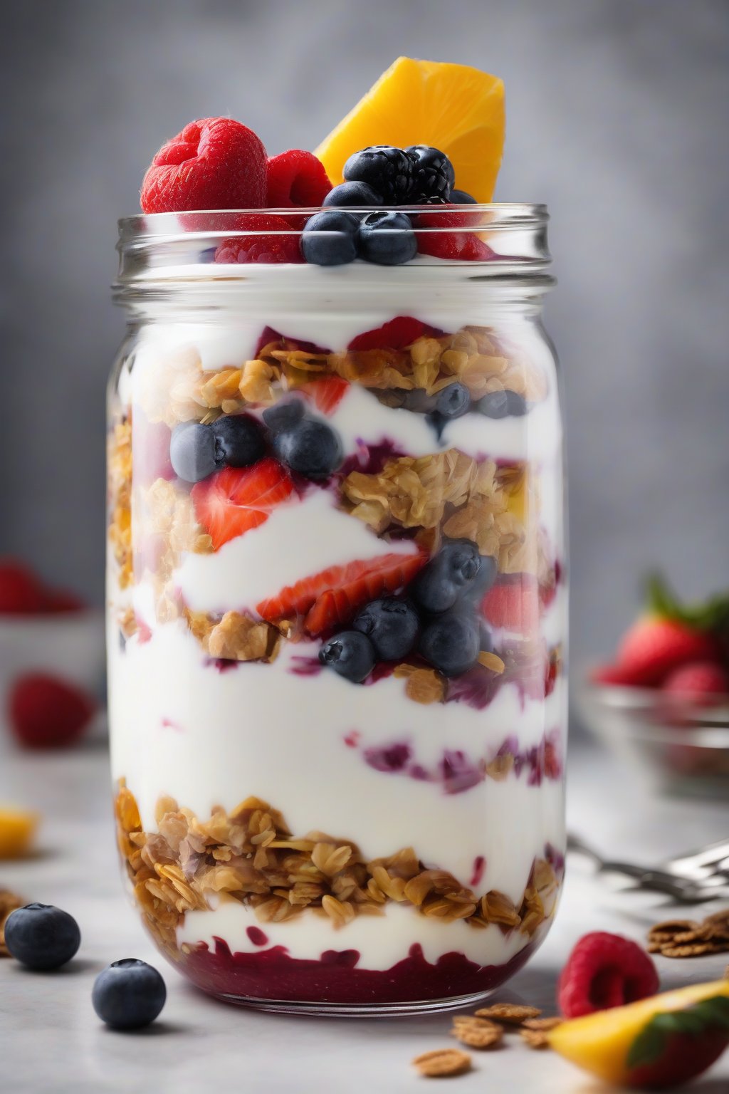 A high-resolution photo of layered yogurt parfait in a jar under soft lighting.