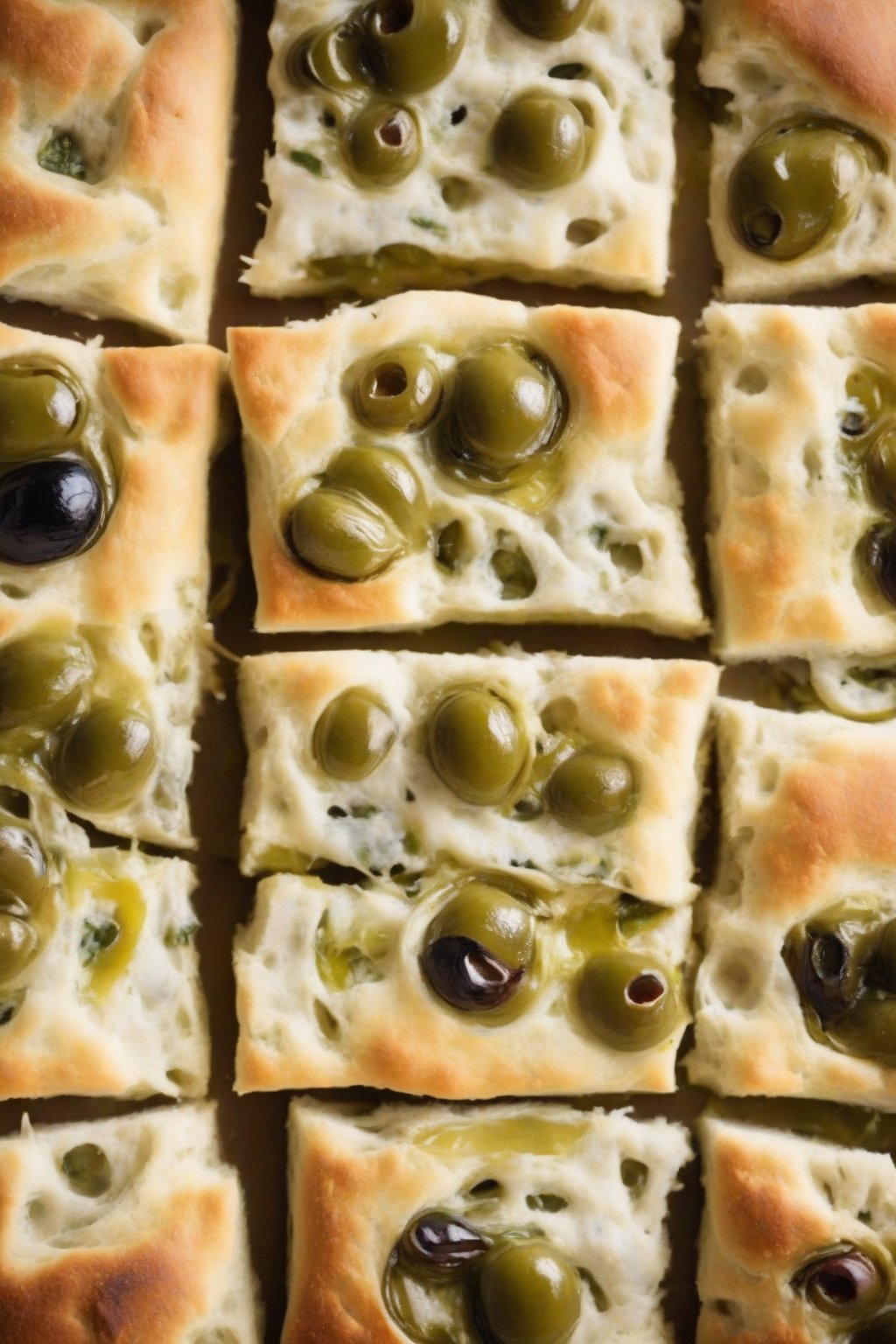 A high-resolution photo of sliced stuffed olive focaccia revealing cheesy olive center under soft lighting.