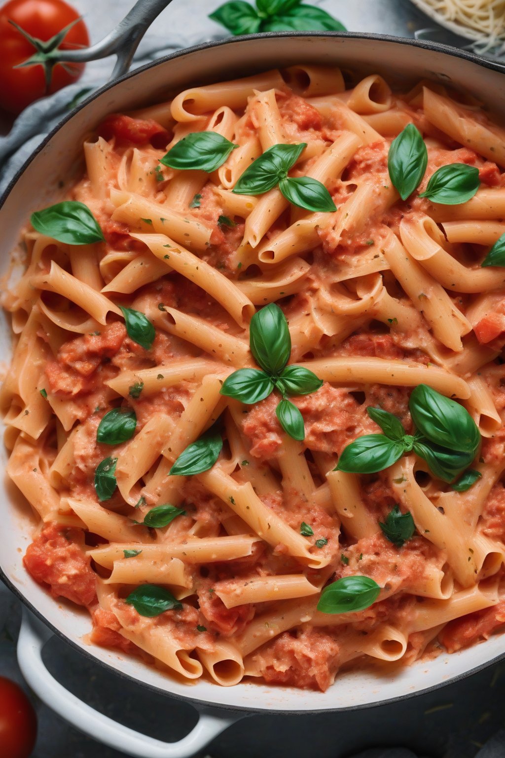A high-resolution photo of creamy one-pot tomato pasta under soft lighting.