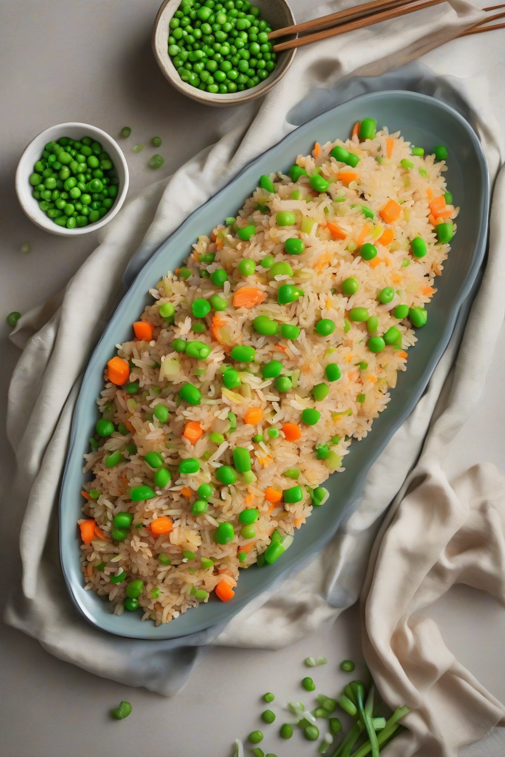 A high-resolution photo of steaming classic veggie fried rice with peas and carrots, garnished with green onions, under soft lighting.