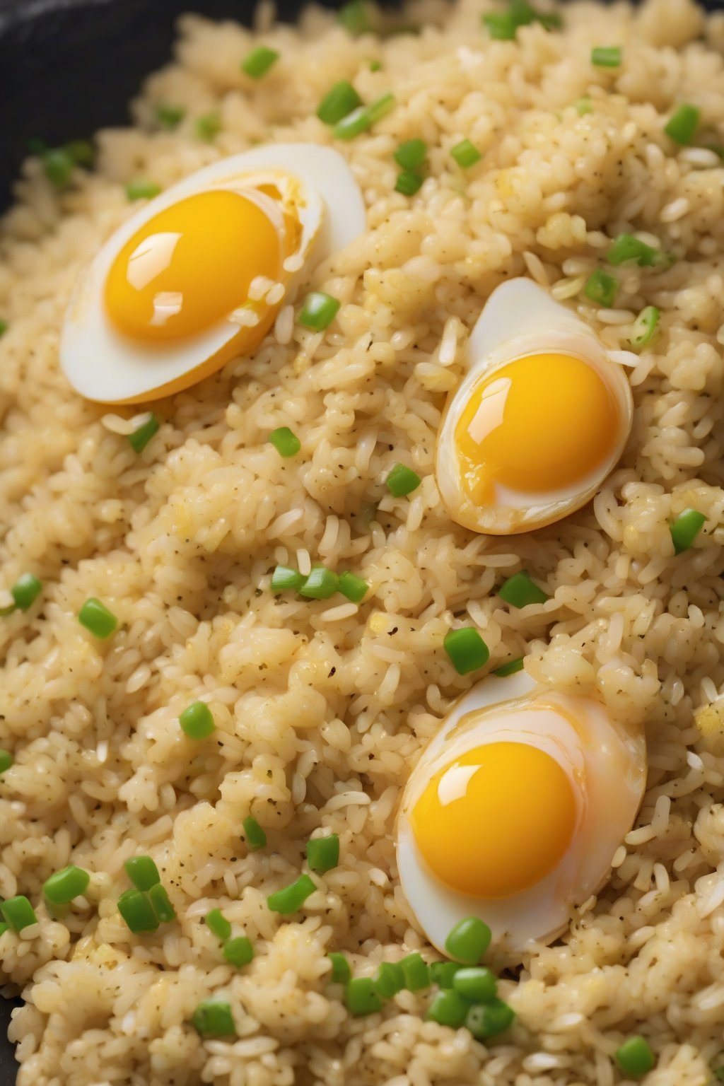 A high-resolution photo of golden egg fried rice flecked with scrambled eggs and sesame seeds, under soft lighting.