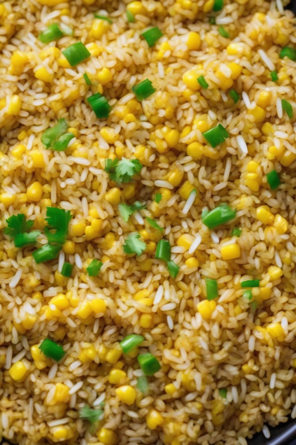 A high-resolution photo of vibrant yellow corn fried rice with buttery shine, under soft lighting.
