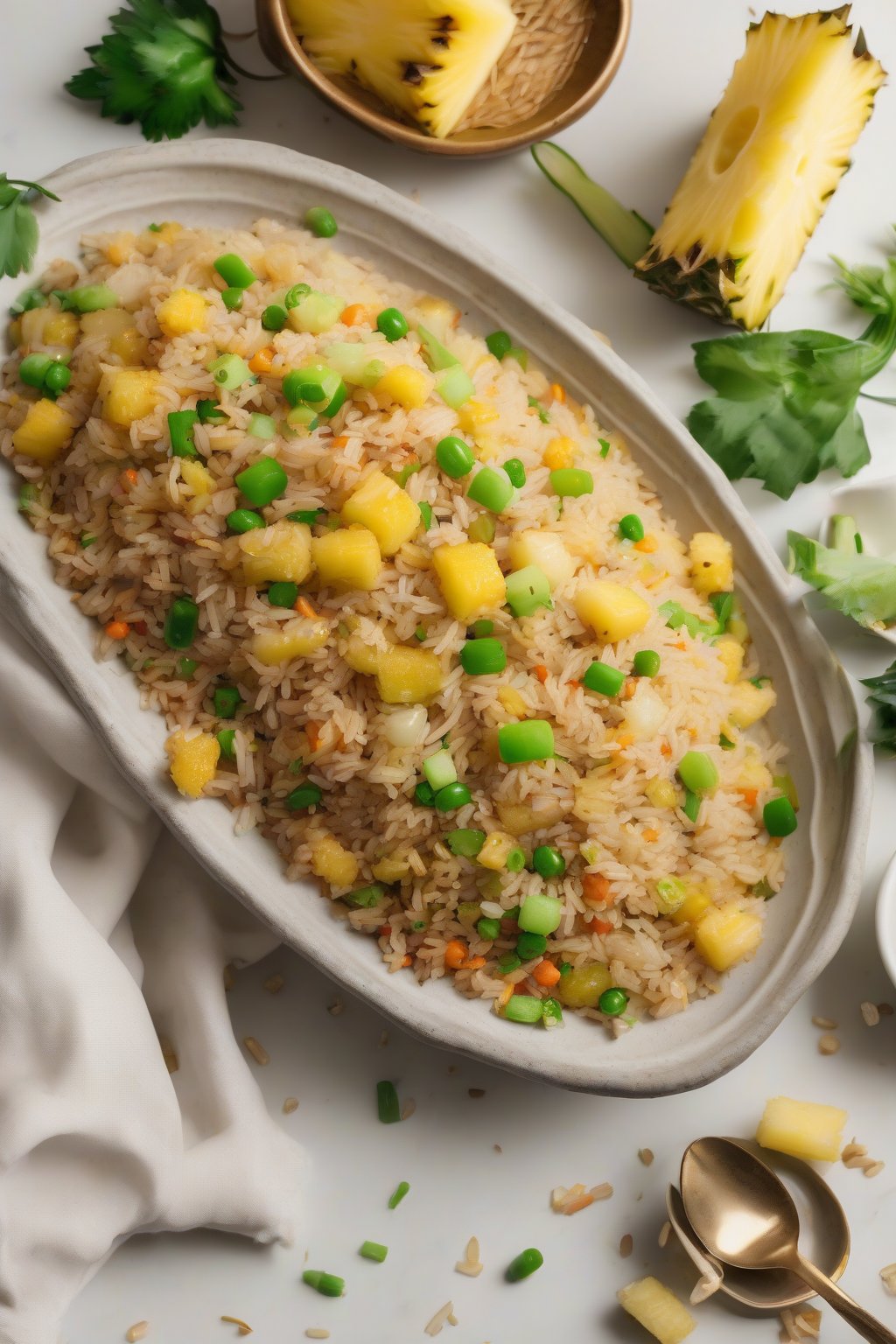 A high-resolution photo of pineapple fried rice with golden chunks and green flecks, under soft lighting.